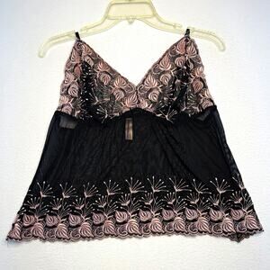 Cacique Plus 18/20 Black Pink Sheer Mesh Lace Embroidered Camisole Tank